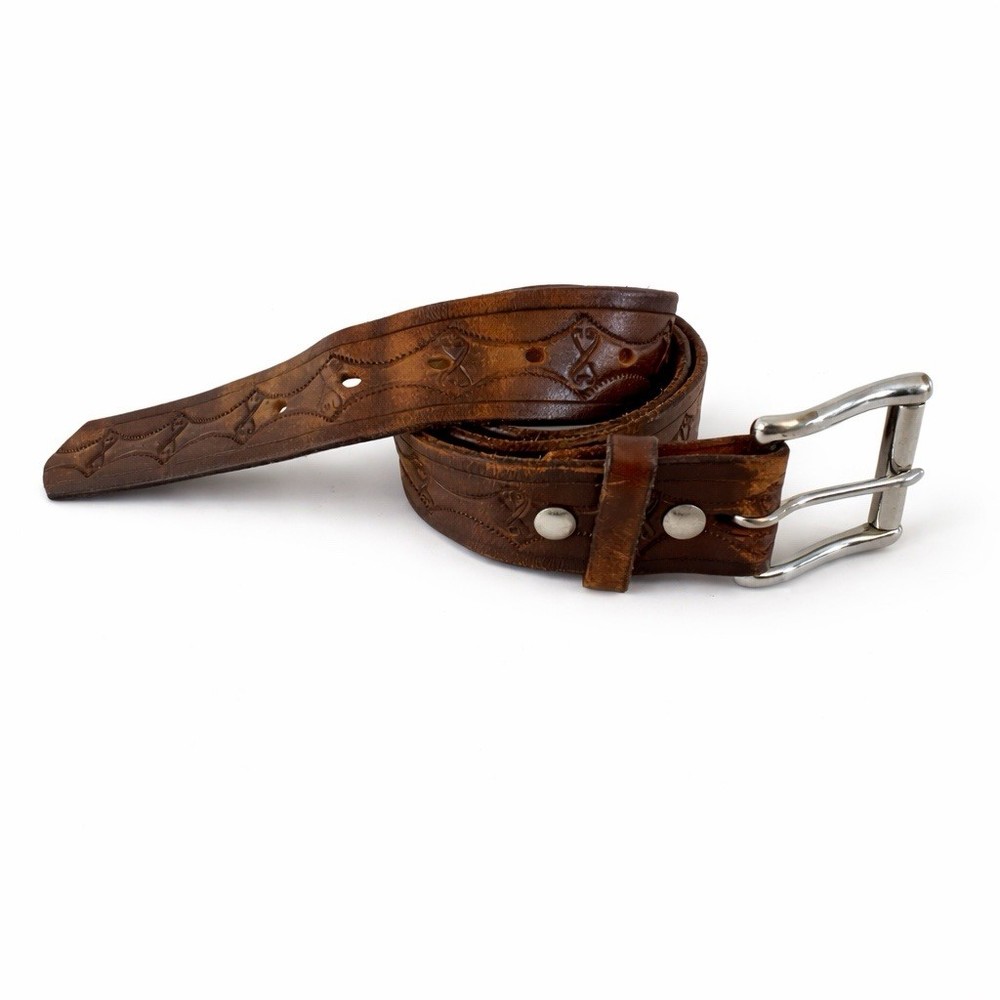 Vintage Hand-Tooled Western Leather Belt Single Prong Buckle Brown Size 36