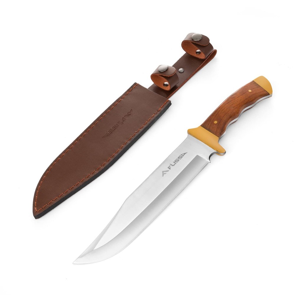 14-inch Full-Tang Bowie Hunting Knife with Wood Handle and Sheath