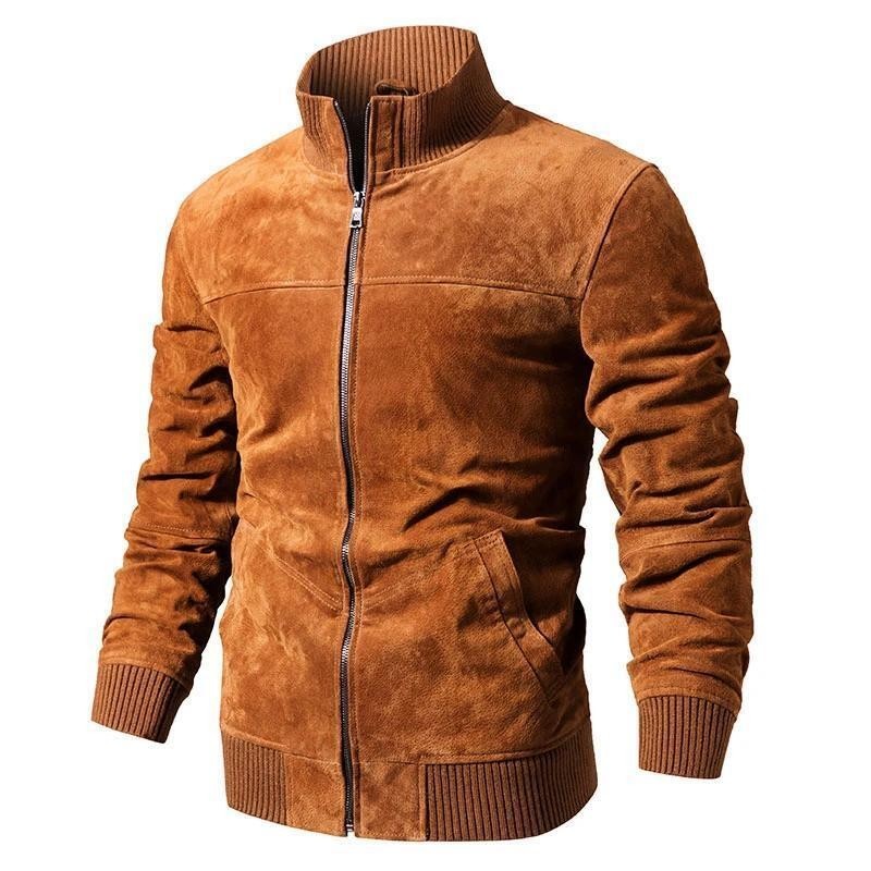 Brown Bomber Jacket for Men - Soft Suede Leather Coat