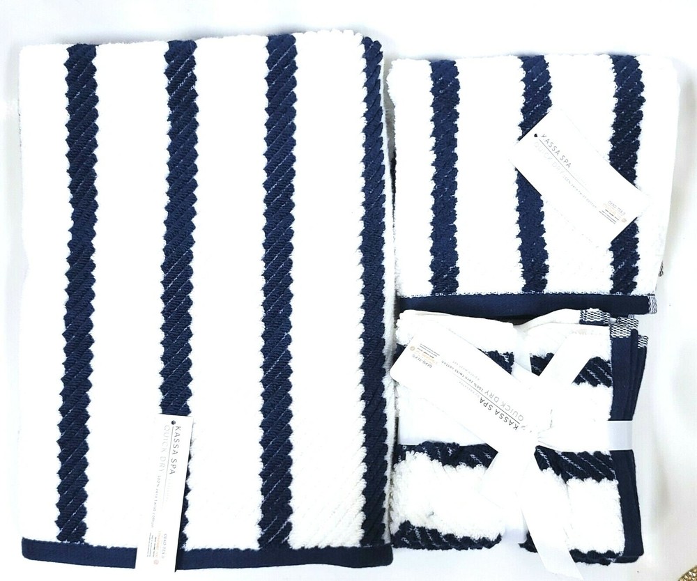 Kassa Spa White Navy Blue Quick Dry Zero Twist Cotton Bath Hand Wash Cloth Towel