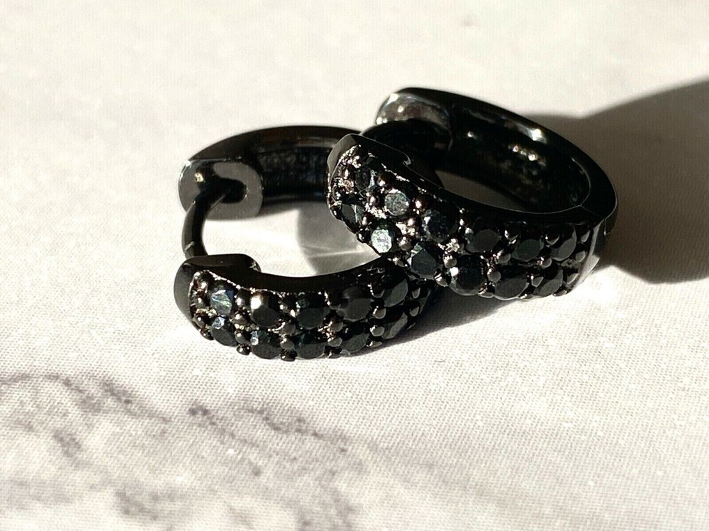 2 Carat Round Simulated Black Diamond Huggie Hoop Earrings in 14K Yellow Gold Plated Finish