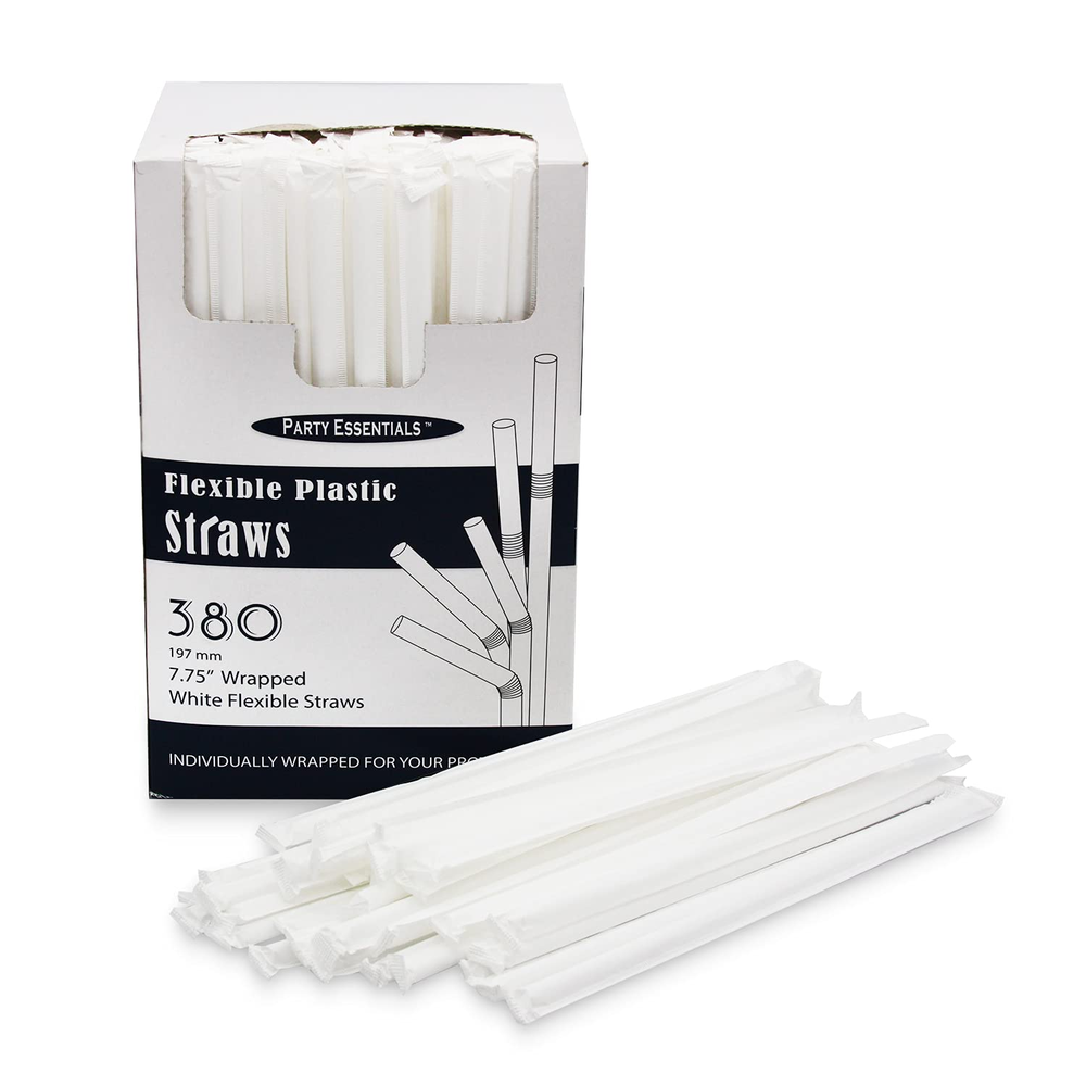 Individually Wrapped 7.75” Disposable White Flexible Plastic Drinking Straws, 25