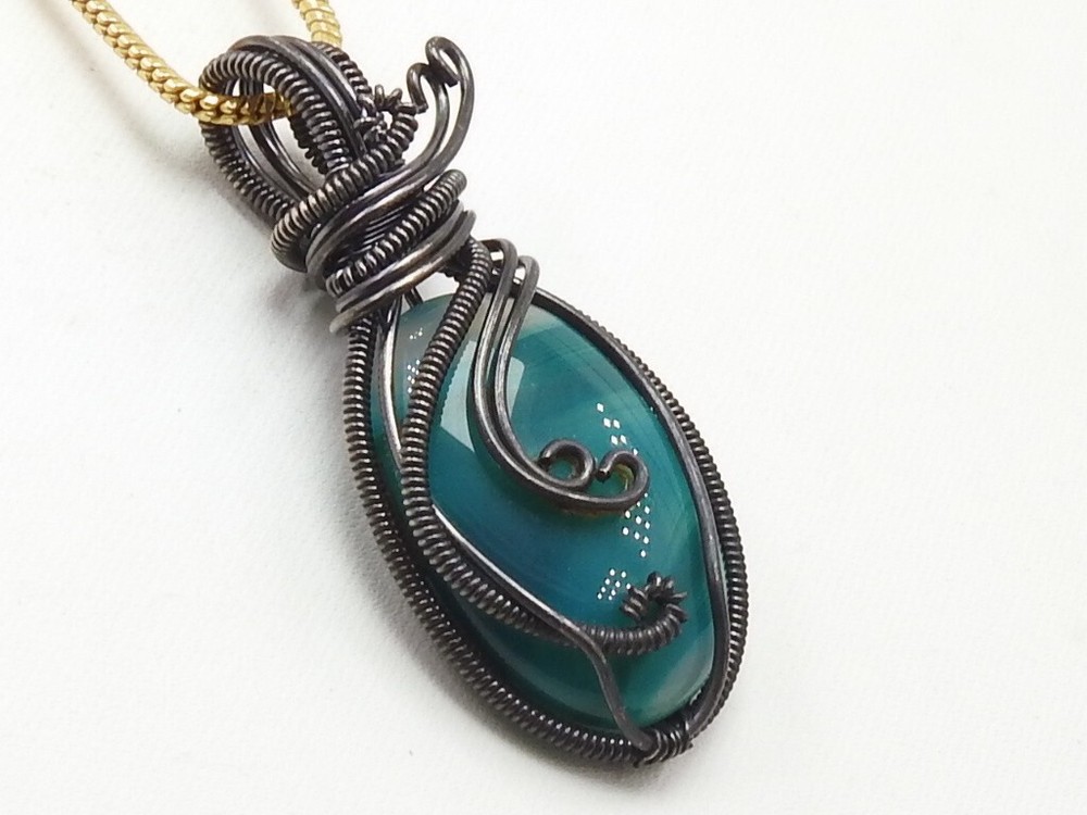 Green Strip Agate Brass Pendant Silver Oxidised Polished Wire Wrapped Jewelry