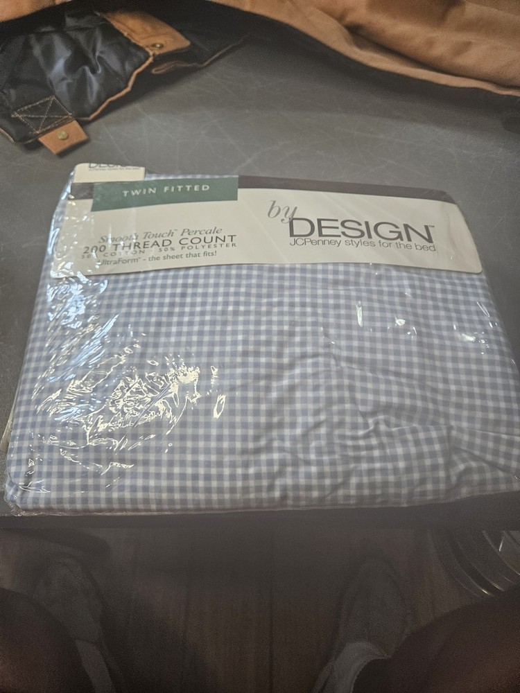 JC Penney Vintage Blue Gingham Fitted Twin Sheet 200 Thread Count Percale NOS