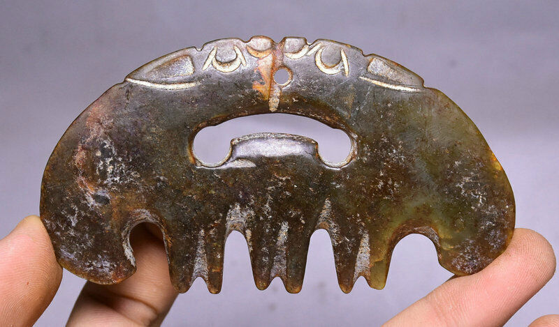 10CM Rare China Hongshan Culture Old Hetian Jade Carving Palace Pixiu Beast Comb