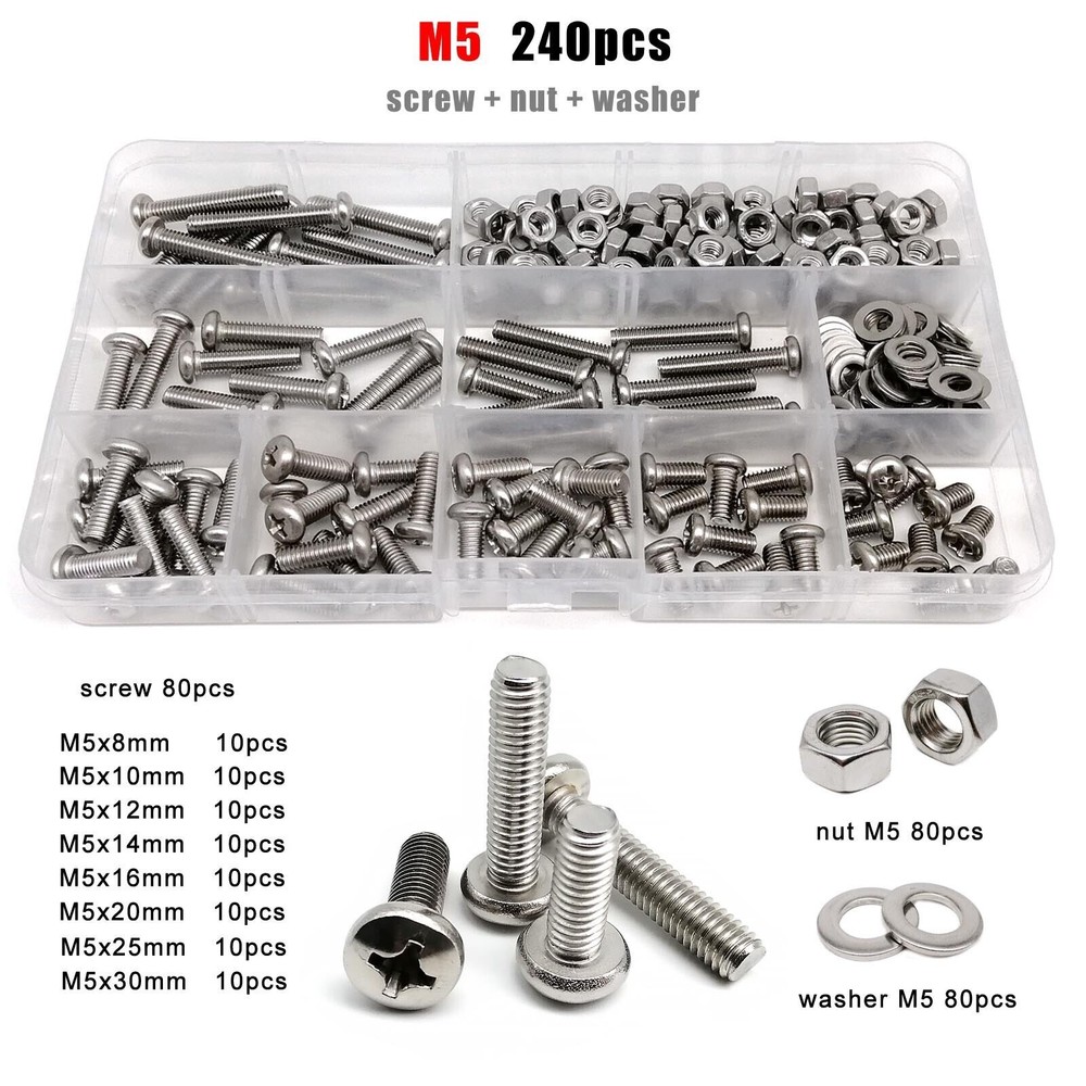 M1.6-M8 Phillips Round Pan Head Screw Bolt Nut Washer Set 304 A2 Stainless Steel