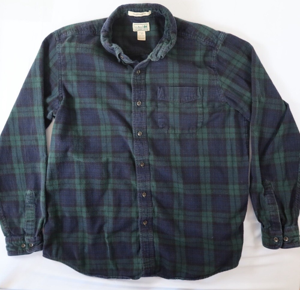 LL Bean Men's Large Regular Fit Green Blue Tartan Plaid Flannel Shirt