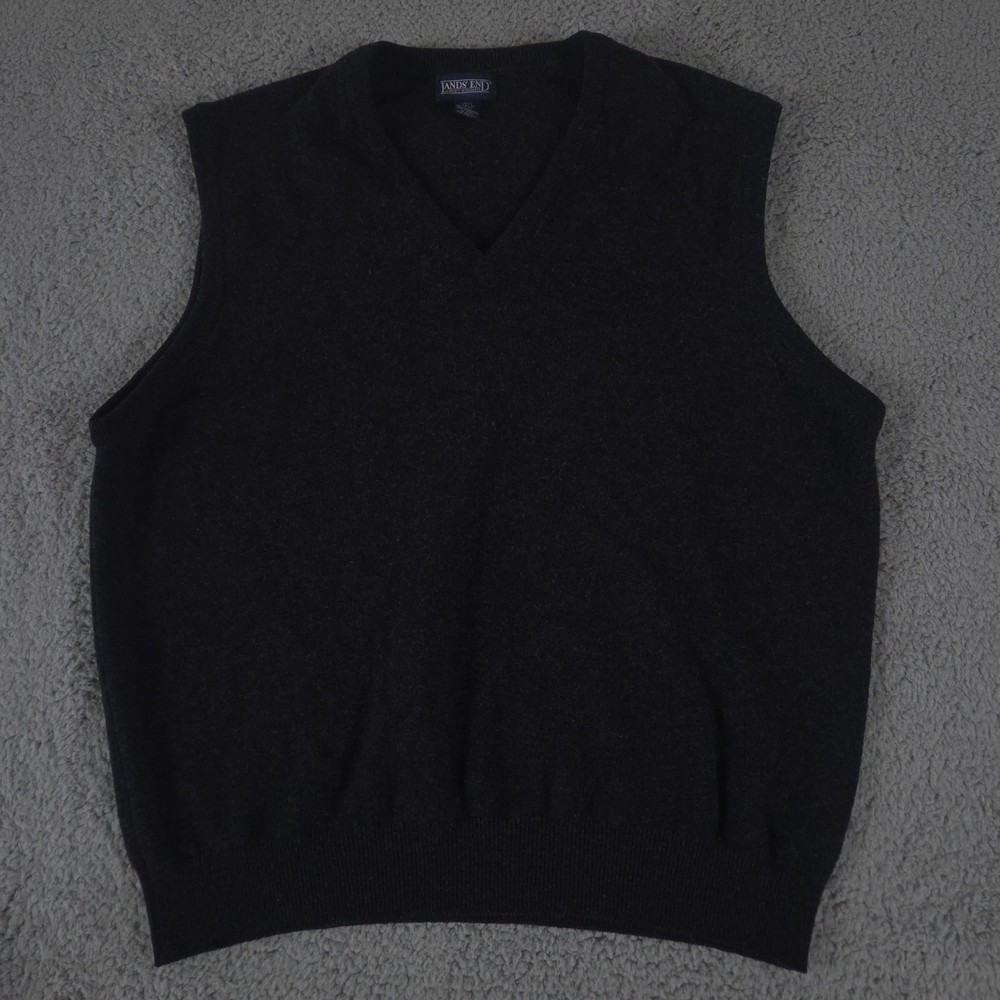VINTAGE Lands End Sweater Vest Mens Large Black 100% Lambswool Made in Scotland