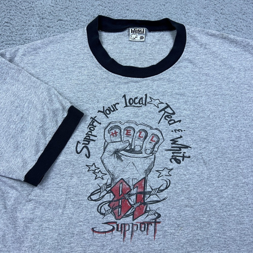 VTG Hells Angels 81 Support Your Local Red & White Ringer Shirt XXL USA Made ***