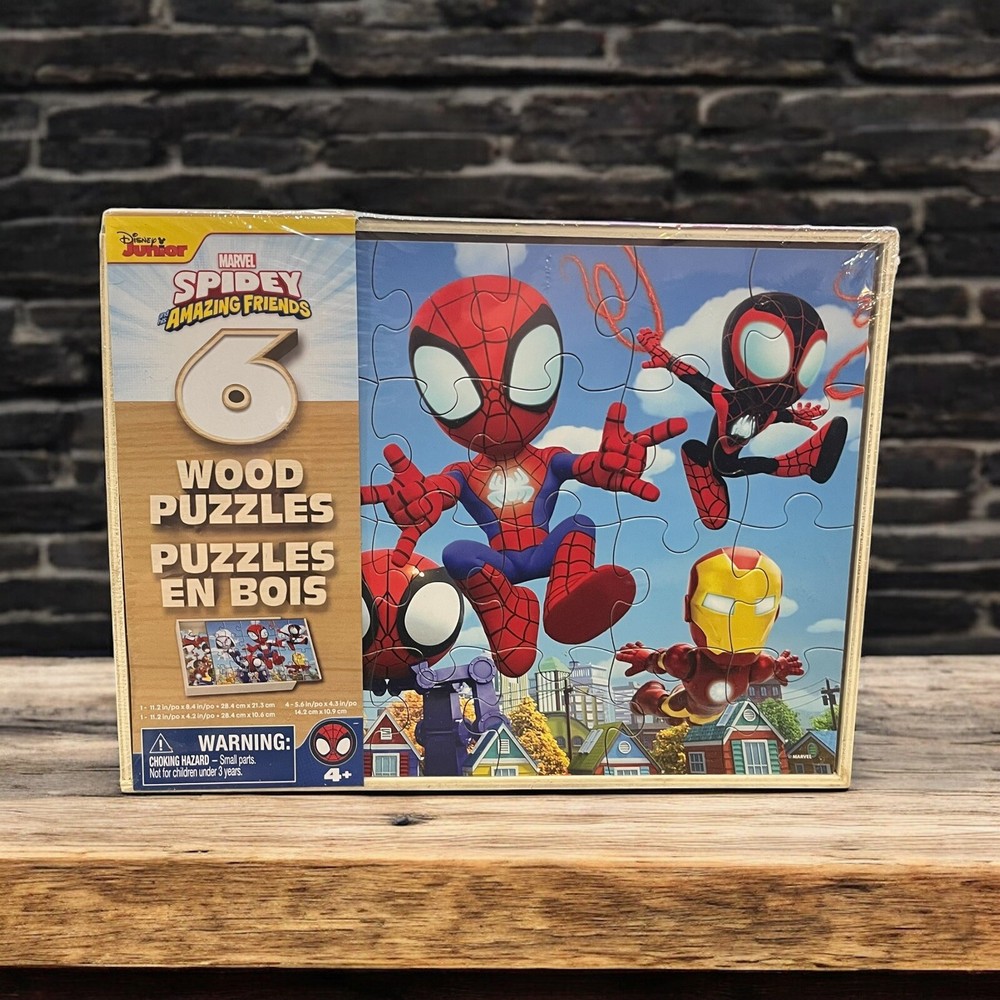New! Disney Junior 6 Wood Puzzles Spidey & Amazing Friends Built In Storage Box