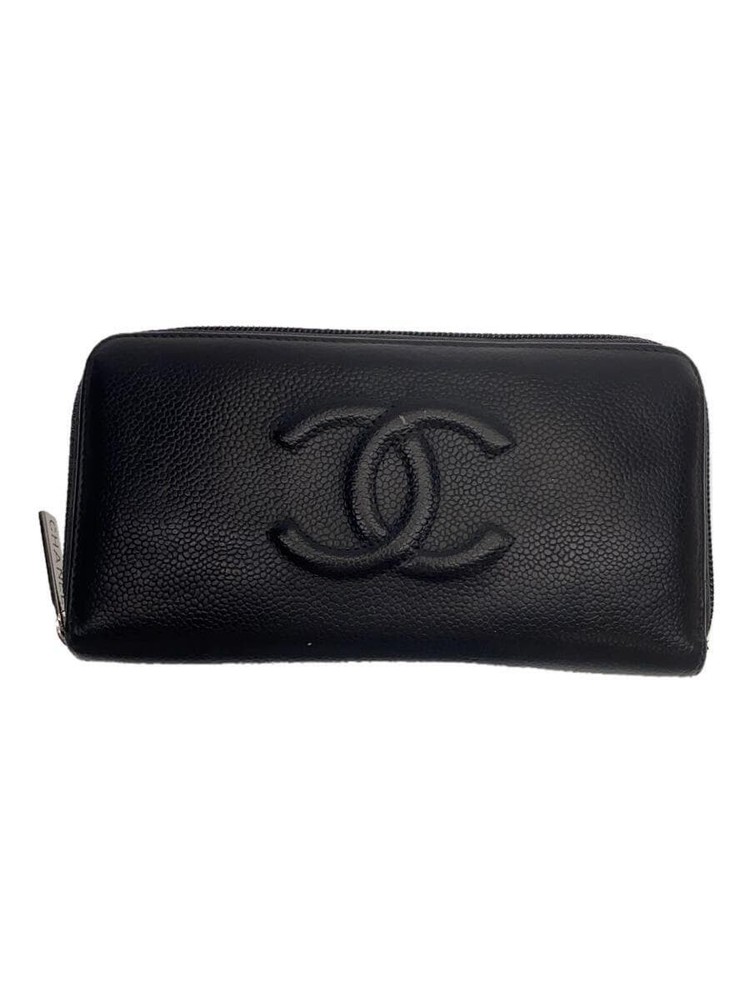 CHANEL Zip Around Long Wallet Coco Mark Caviar Leather CC Black Ladies Pre-Loved