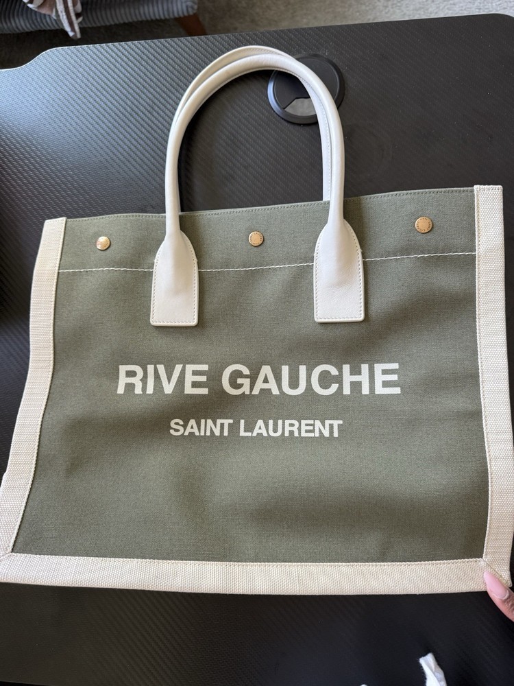 Saint Laurent Rive Gauche Olive Canvas and Cream Leather Tote