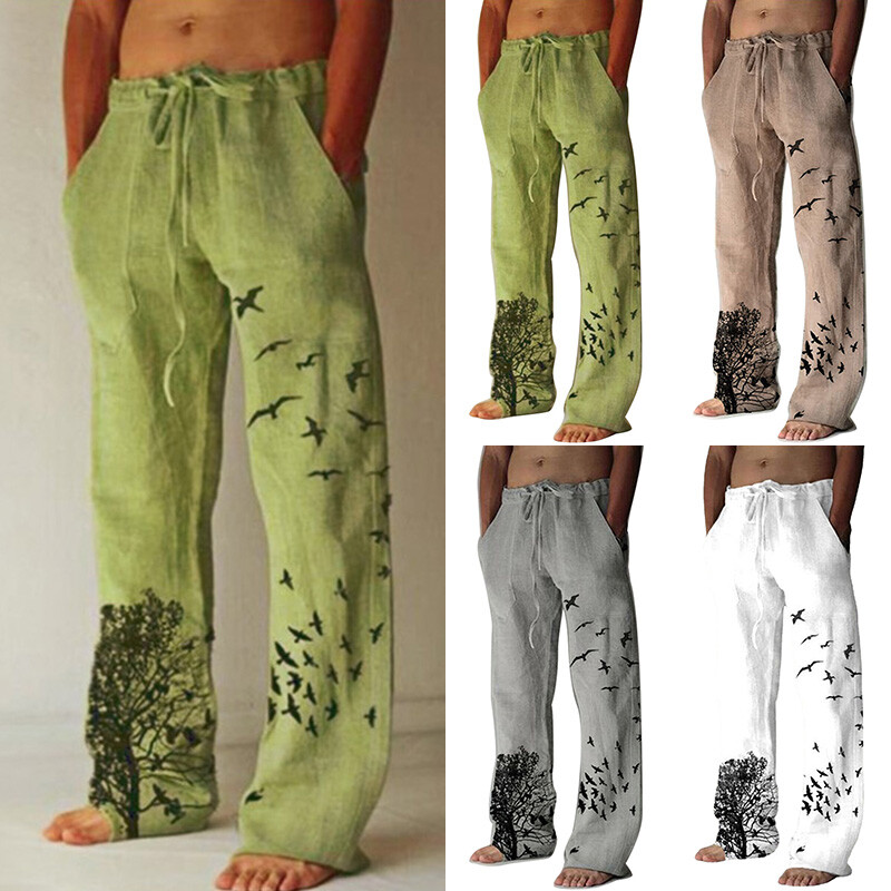 Mens Loose Hippy Long Pants Beach Scenery Printed Casual Cotton Linen Trousers Ⓡ