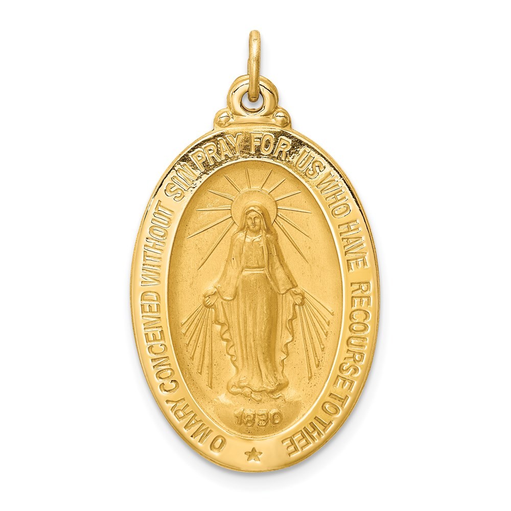 14k Yellow Gold Polished and Satin Solid Miraculous Medal Oval Pendant