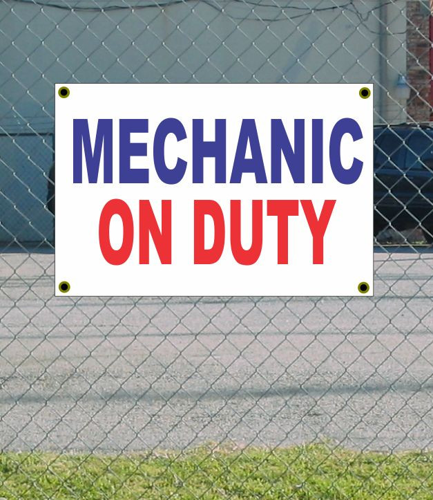 2x3 Mechanic On Duty Banner Sign in Red, White & Blue – Discounted Size & Price for Visibility and Savings