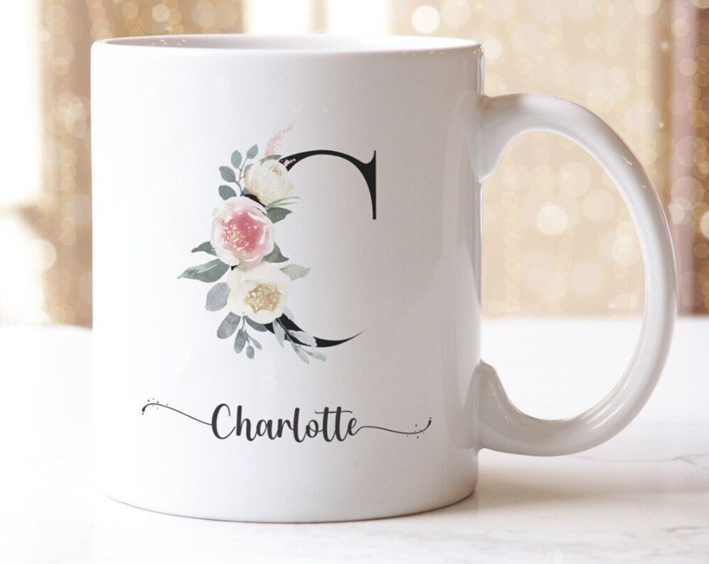 Personalised Floral Initial Watercolour Monogram Mug Tea Coffee Cup Watercolour