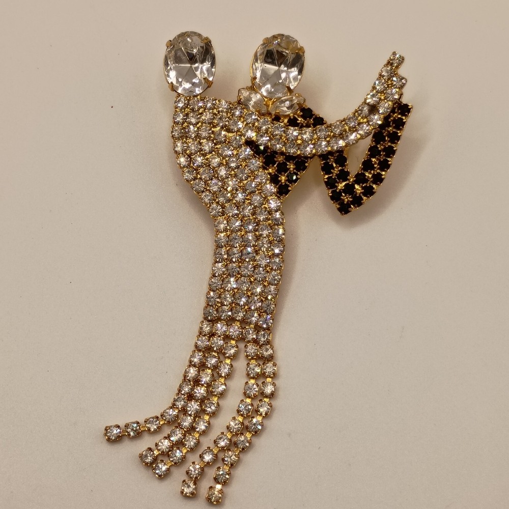 VINTAGE Ballroom Dancers Rhinestone Fringe Dress Brooch Gold Tone