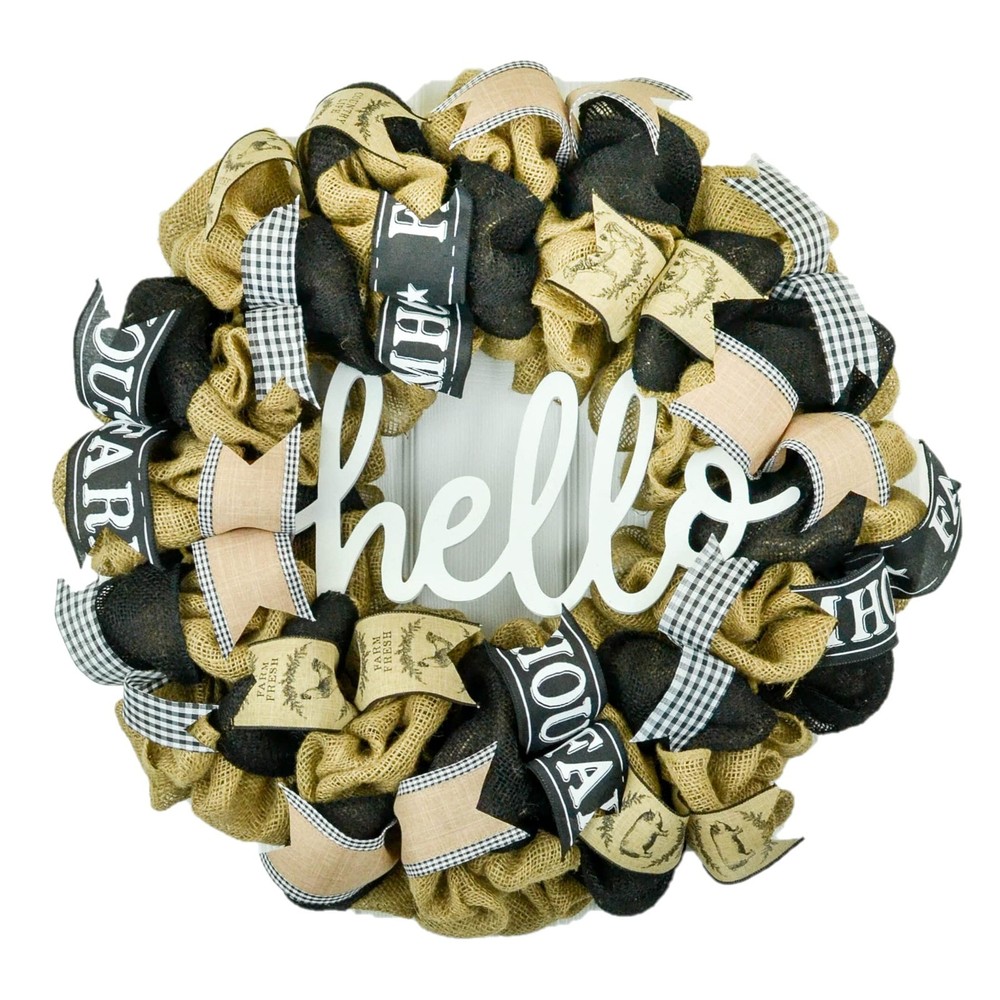 Farmhouse Hello Burlap Mesh Door Wreath for Front Door Decor