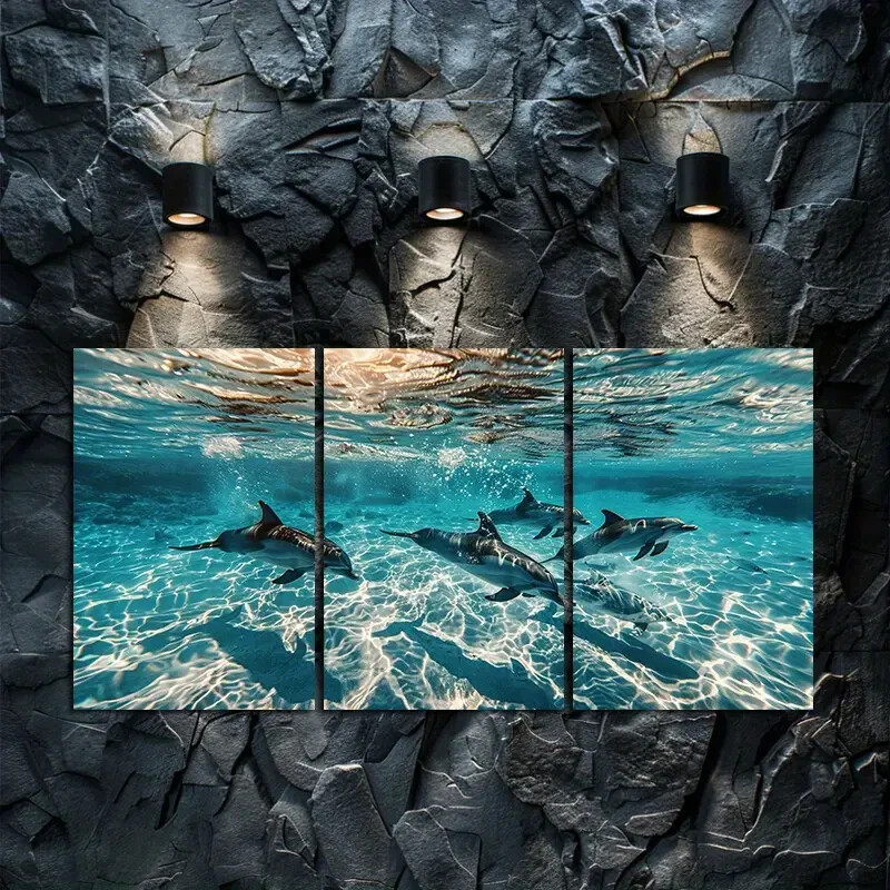 3pcs  Graceful Dolphin Family Underwater Scene Canvas Unframed