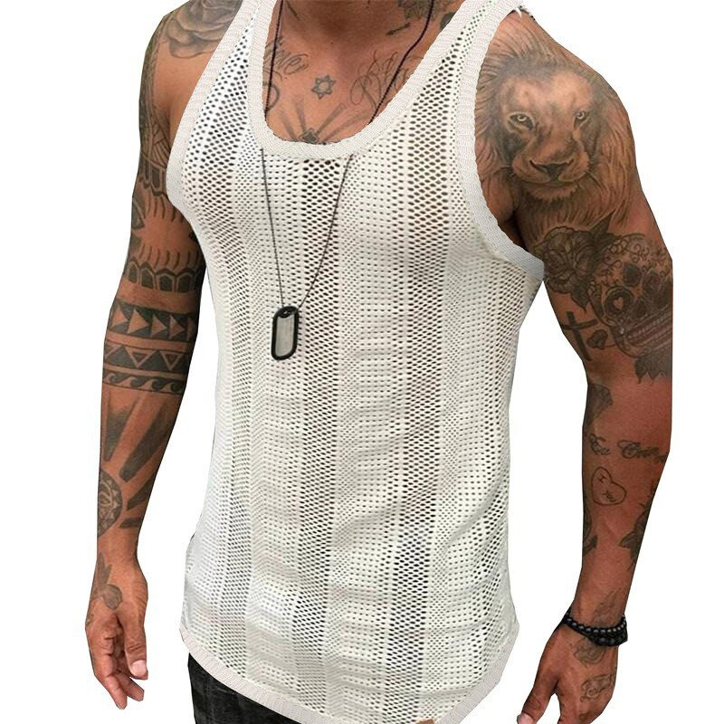 Men Sleeveless Shirts Hollow Out Gym Tee Vest Slim Fit White Workout Tops Summer