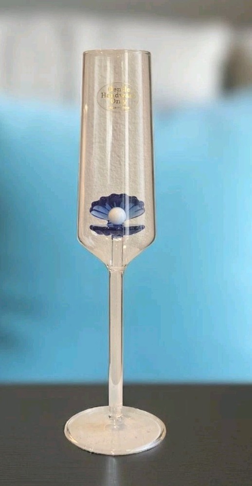Wedding Beach Blue Oyster Pearl Champagne Flute Beverage Glass