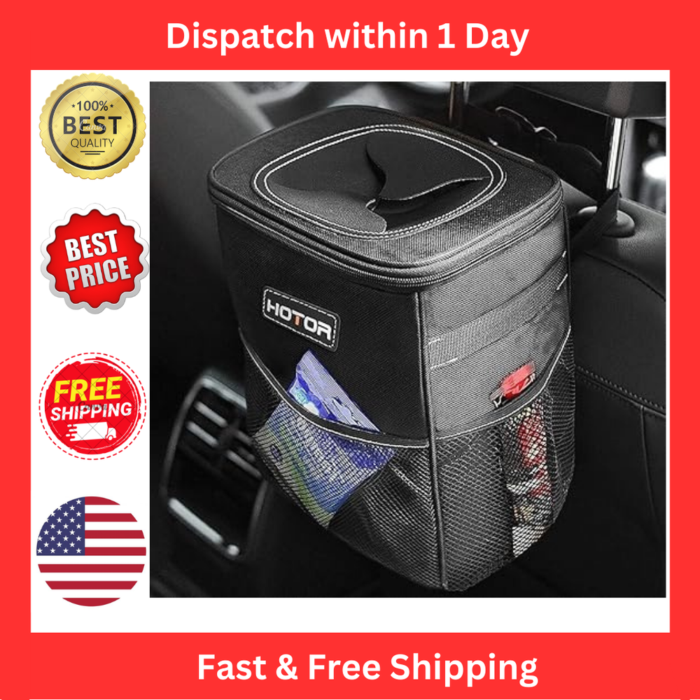 HOTOR Leak-Proof Car Trash Can with Lid and Storage Pockets Black Bin