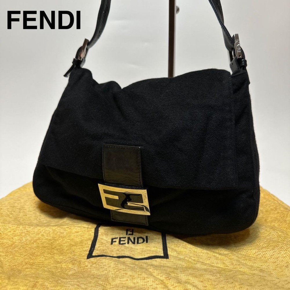 Fendi Mamma Baguette Black Felt Wool Shoulder Bag Italian Designer Handbag  