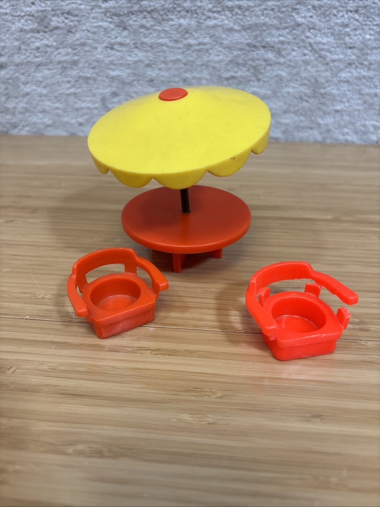 Vintage Fisher Price Little People Yellow Beach Day Umbrella Table Chairs Set-image