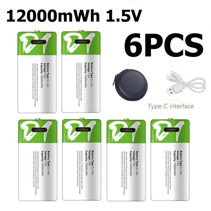 6PCS USB D1 12000mWh 1.5V Li-ion Rechargeable Battery with Type C Fast Charging Cable