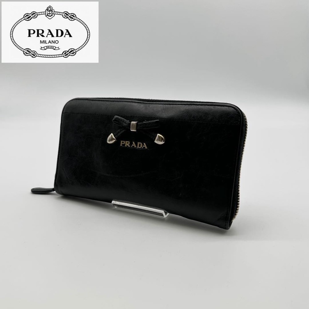 campaign in progress  Item PRADA Leather Long Wallet Canvas Ribbon Gold Logo Bic