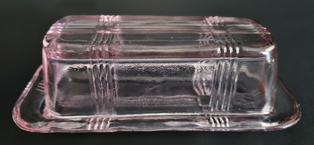 Hazel Atlas Butter Dish Pink Glass Criss Cross Pattern Vintage 1930's