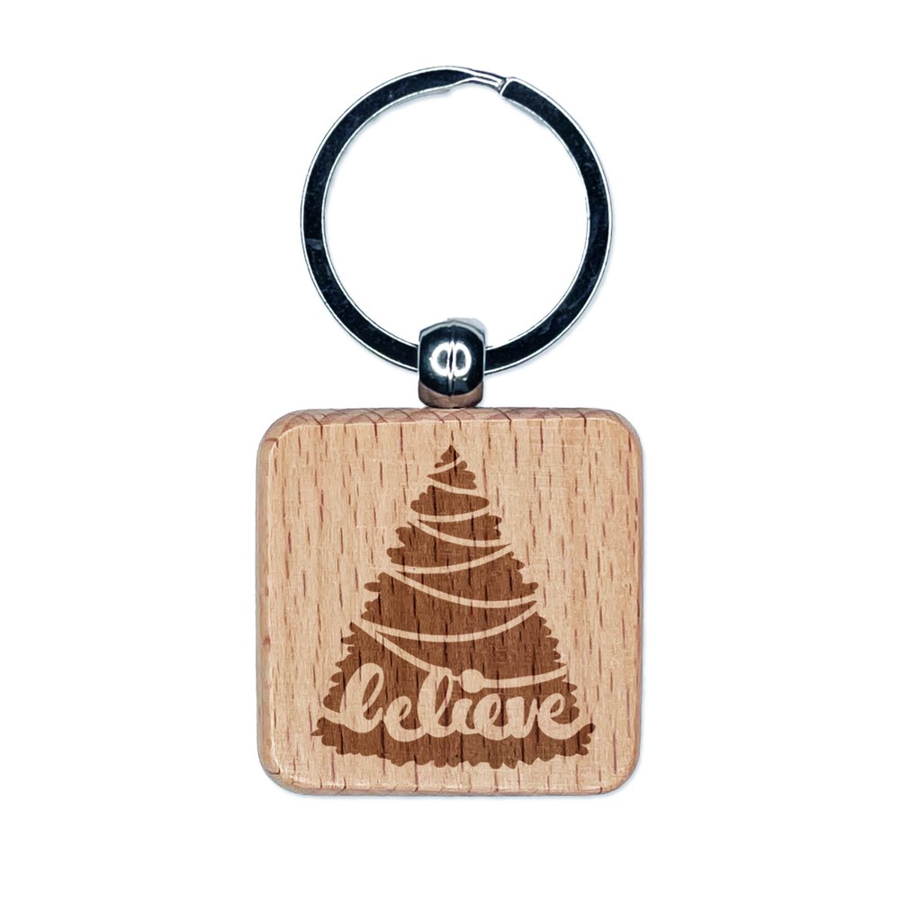 Christmas Tree Believe Engraved Wood Square Keychain Tag Charm