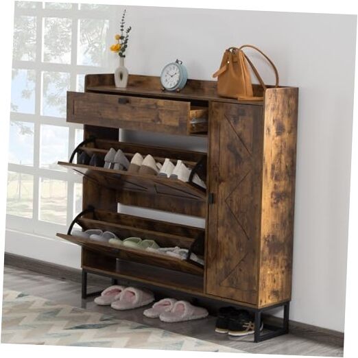 Shoe Storage Cabinet with 2 Flip Drawers & Side Cabinet, Ajustable Shoe Brown