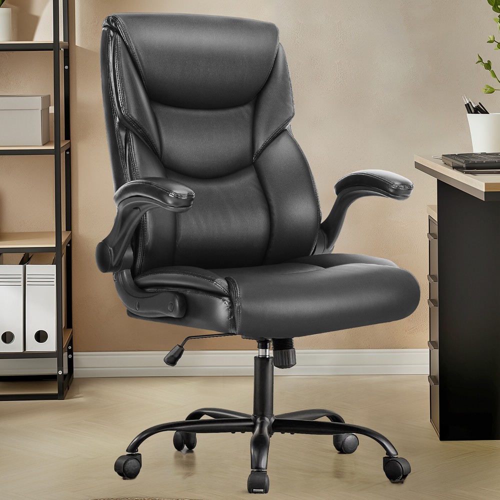 Office Chair Executive PU Leather Ergonomic Flip-up Arms Swivel with Wheels