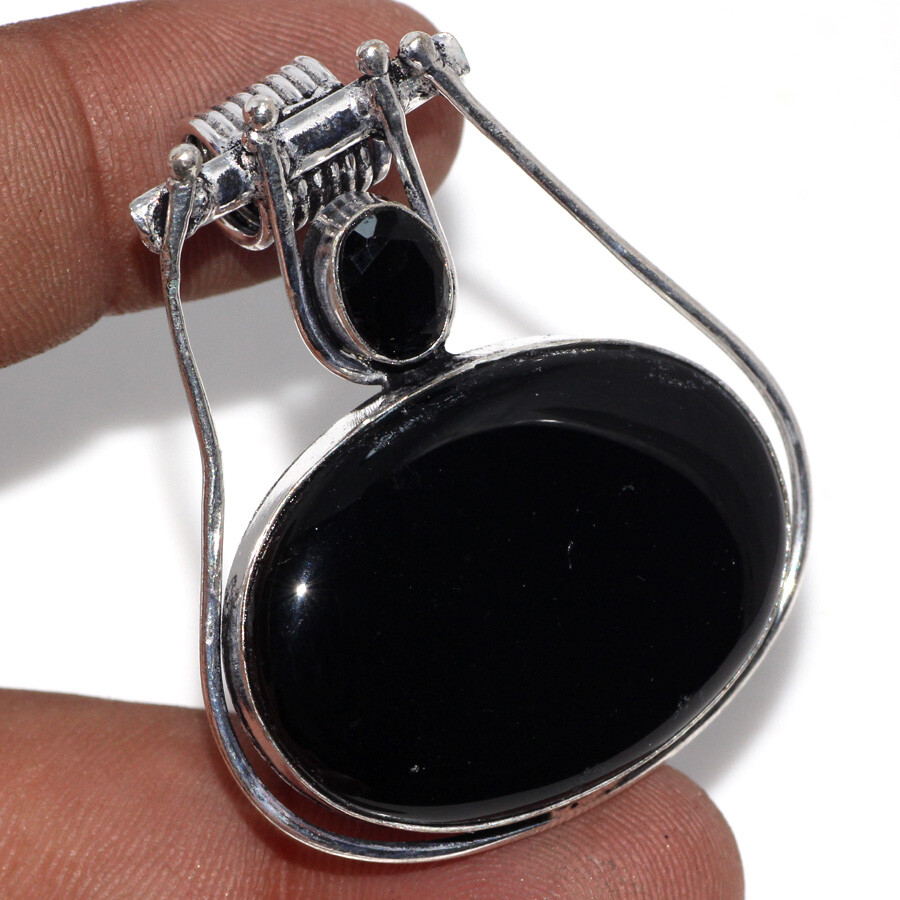 Black Obsidian Black Onyx 925 Silver Plated New Edition Pendant 1.7