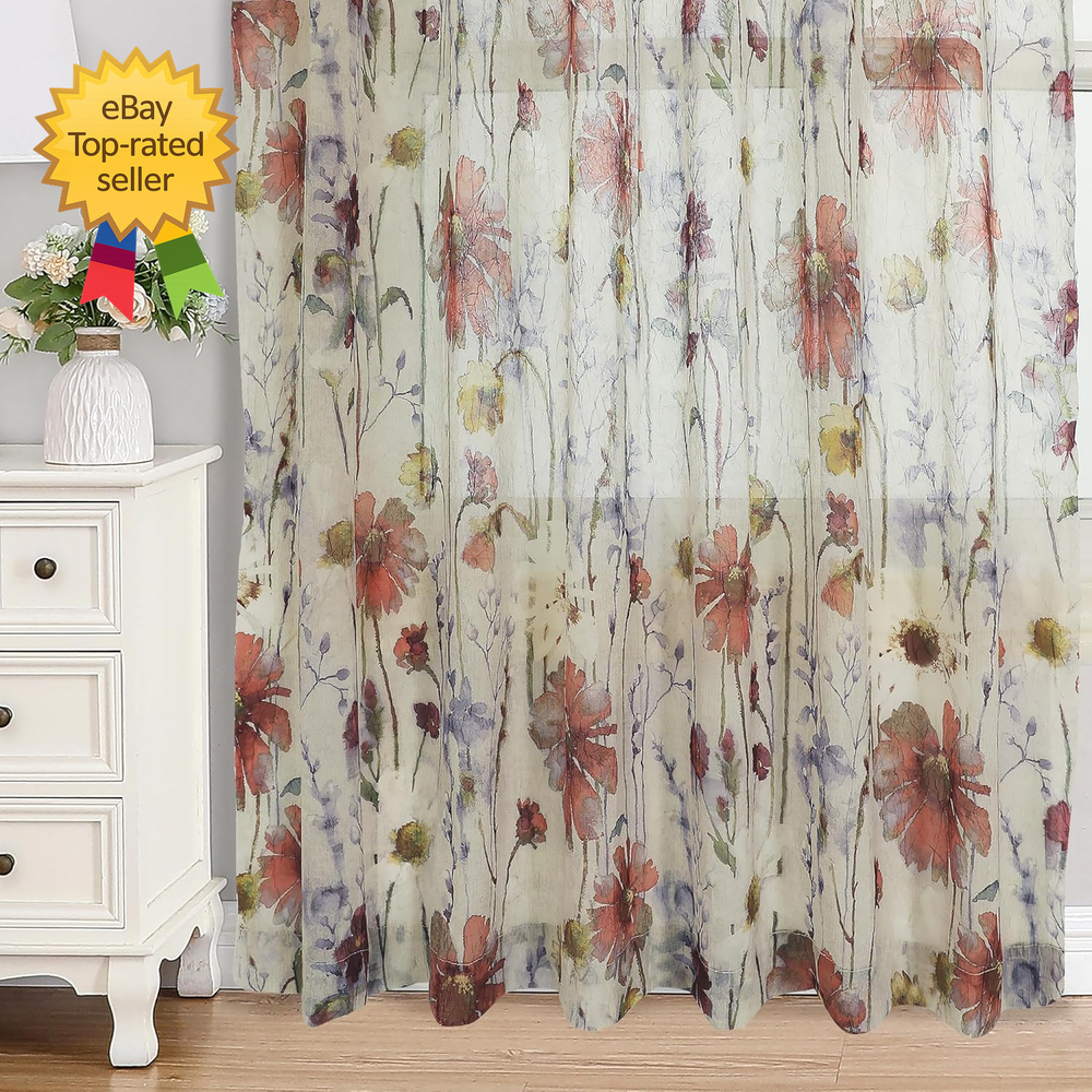 Crushed Sheer Curtains 63 Inches Length 2 Panels SetSheer Floral Curtians