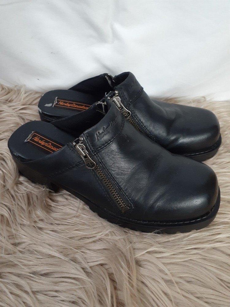 Harley Davidson Black Leather Slip-On Clogs Mules Casual Shoes Womens Size 6.5