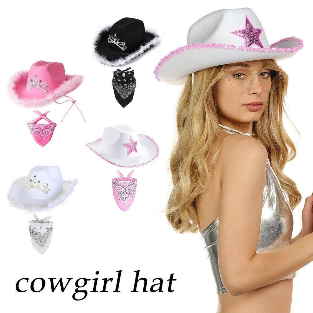 Pink Cowboy Hat And Bandana Western Cowgirl Fancy Dress Par2 Night Costume F1 λδ
