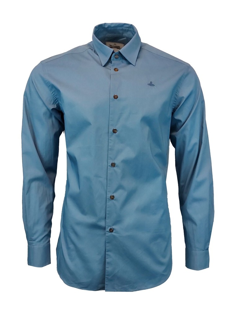 VIVIENNE WESTWOOD MAN BLUE BUTTON-DOWN SHIRT EMBROIDERED BLUE ORB CHEST LOGO