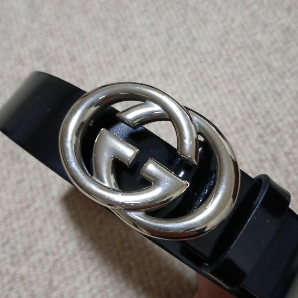 Gucci Double G Black Leather Belt Mens Adjustable 85cm Preowned