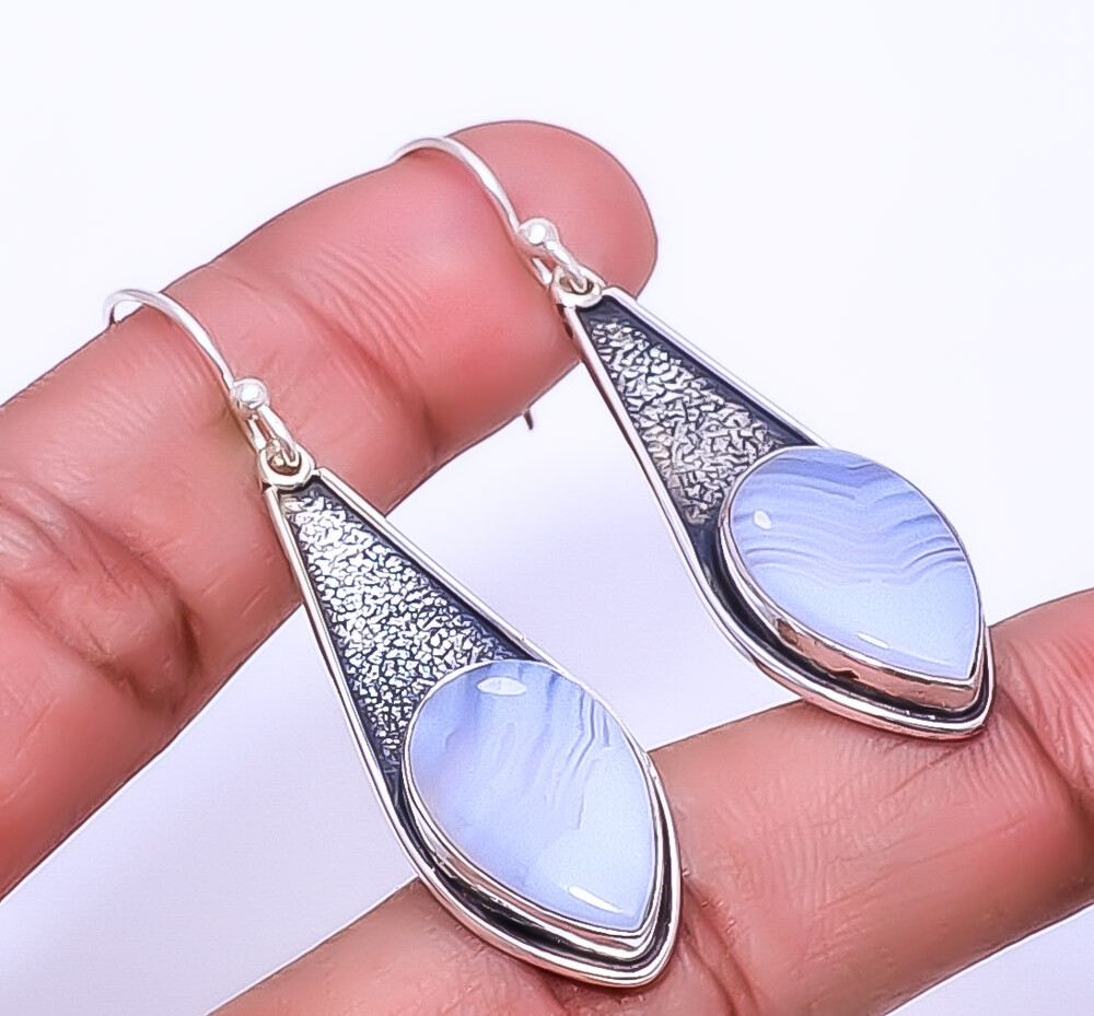 Blue Lace Agate - Namibia Designer Handmade 925 Sterling Silver Earring 1.76
