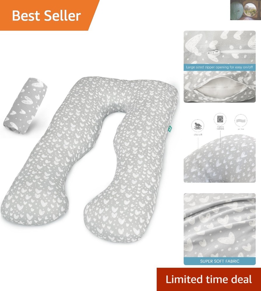 Luxurious Grey Hearts U-Shaped Pregnancy Pillow Cover - Fits 55/57 Inch Pillows