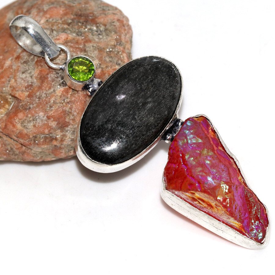 Pink Titanium Aura Quartz Silver Obsidian Long Gemstone Pendant 3