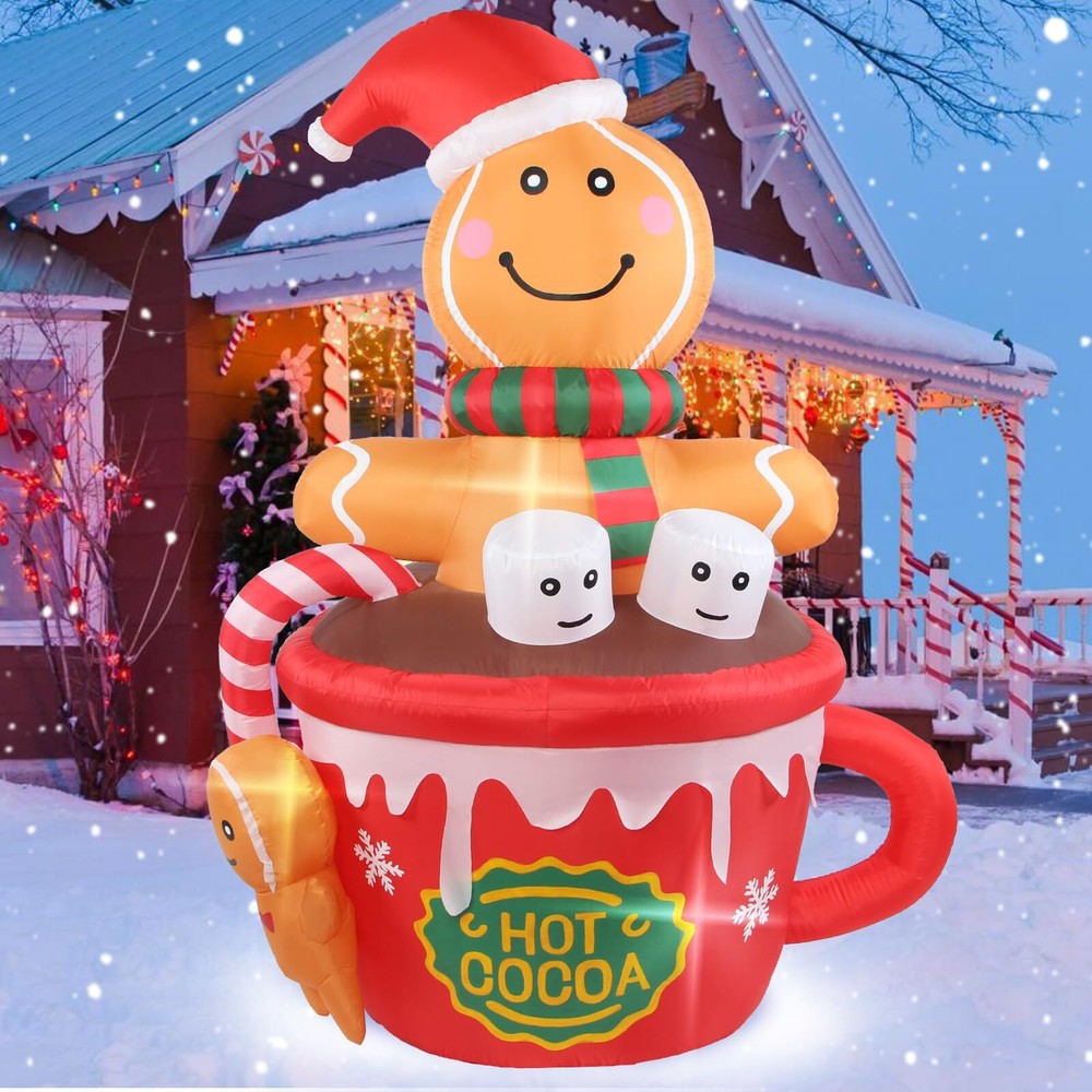 Christmas Inflatables Outdoor Decorations 6FT Gingerbread Man in Hot Cocoa Cu...