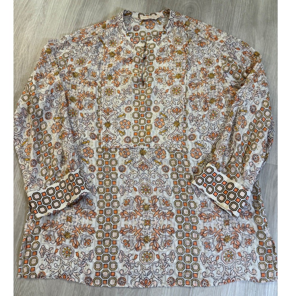 Tory Burch Orange Floral Geometric Metallic Silk Blend Tunic Top Womens Size M