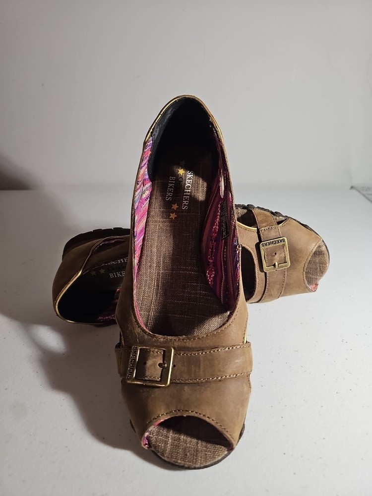 Skechers Womens 8.5 Bikers Slip On Peep Toe Brown Leather Shoes 47092
