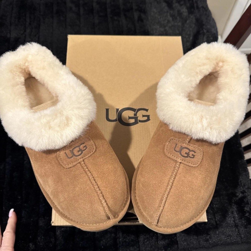 U G  Tazzette Women’s Chestnut Fluffy Collar Shoes Slippers New #