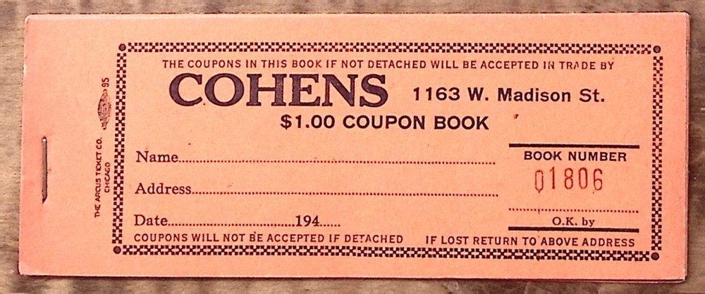 1940s COHENS 1 DOLLAR COUPON BOOK ARCUS TICKET CO CHICAGO UNUSED 5 CENTS  Z4603-image