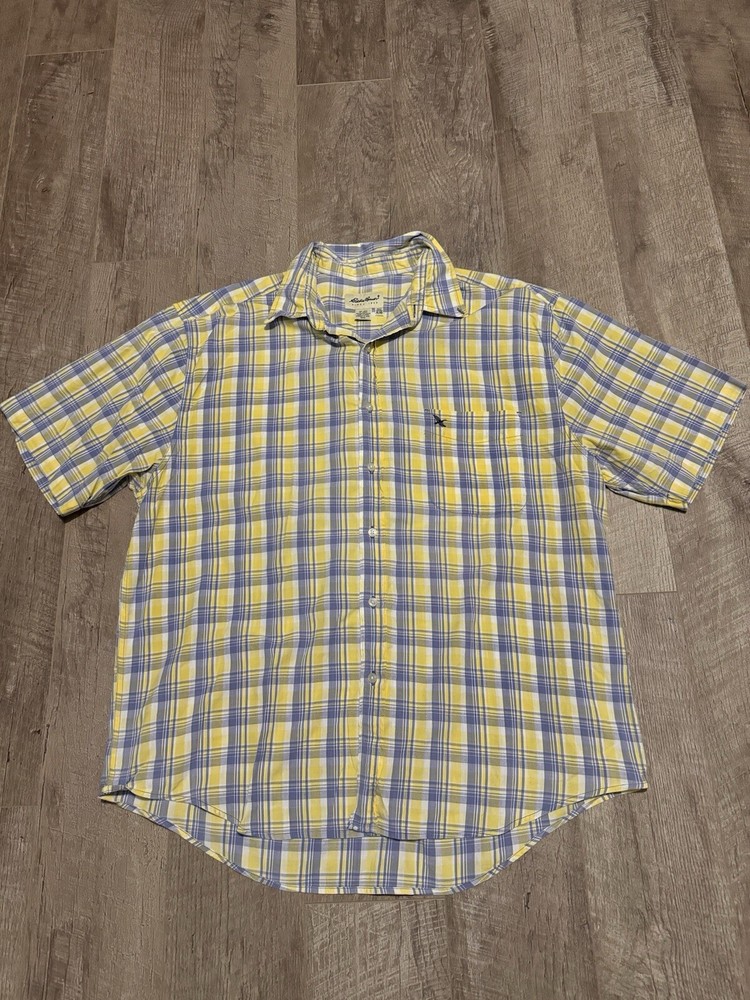 Eddie Bauer Men's XL Yellow Plaid Short Sleeve Button-Up Shirt