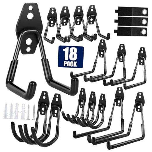 18-Pack Heavy-Duty Anti-Slip Garage Hooks for Hanging Tools & Gear
